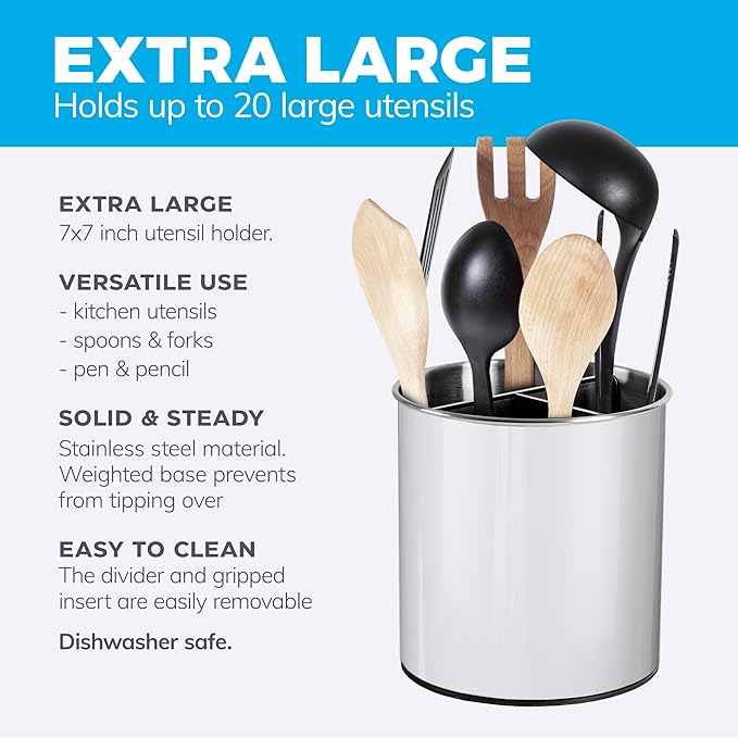 Rotating Extra Large Stainless Steel Utensil Holder Caddy with Sturdy No-Tip Weighted Base, Removable Divider, and Gripped Insert Bottom - Dishwasher Safe Metal Cooking Utensil Holder (White)