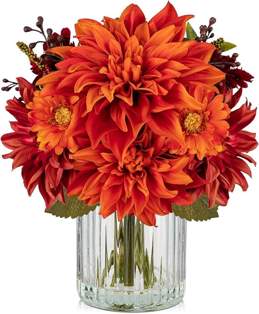 Briful Fake Fall Flowers with Vase, Artificial Dahlia & Mum Silk Floral Arrangement with Glass Vase Faux Autumn Flowers Bouquet for Home Office Room Coffee Table Centerpiece Wedding Decoration