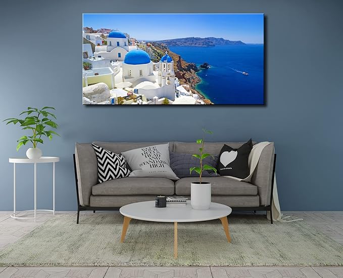 OKEXCKK Large Canvas Print Wall Art Santorini in Greece Painting Wall Decor, Blue Coastal Landscape Artwork Seascape Pictures for Living Room, Bedroom, Office Decoration - 20"x40"