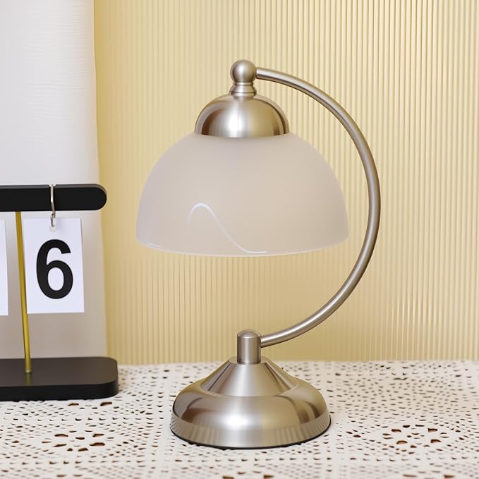Small Modern Touch Glass Bedside Table Lamp, 7 x 7 x 10 Inch Brushed Nickel Metalwork Base Table Lamp for Bedrooms and Office (White Frosted Glass Shade)