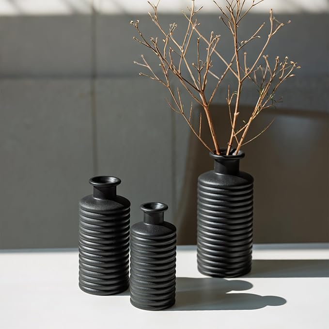 Black Ceramic Vases for Home Decor, Modern Farmhouse Frosted Semi Matte Textured Decorative Vase Set, Unique Vase for Entryway, Coffee Table, Shelf, Small Pampas Grass and Flowers