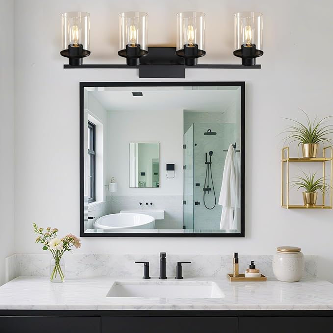 LOUSACE 4 Light Bathroom Vanity Light, Matte Black Bathroom Light Fixtures, Modern Bathroom Lights Over Mirror with Clear Glass Shade, Wall Sconce Lighting for Bedroom Living Room