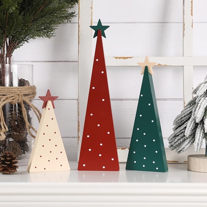 Christmas Decorations-Three Sizes Wooden Tree Sign with Star-Christmas Decorations for Home Shelf Mantel Fireplace Table Party Decor