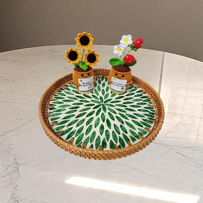 11.81" Round Rattan Mother Pearl Inlay Tray | Decorative Wooden Base for Fruit Serving, Coffee Table, Storage and Display Organizer (Green Leaf 13.8)