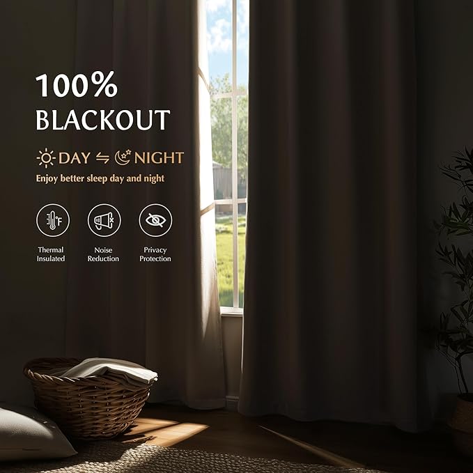 Beauoop 100% Blackout Curtains 63 Inch Long 2 Panels for Bedroom Living Room Beige Solid Room Darkening Thermal Insulated Soundproof Energy Saving Grommet Top Window Treatment Drapes,52x63, 2 Set