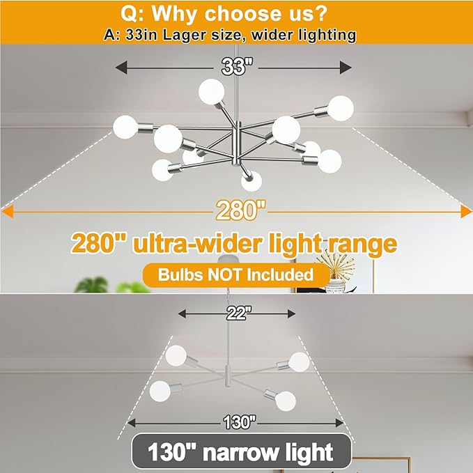 Sputnik Chandeliers Dining Room Light Fixture (10-Light, 33-Inch), Modern Nickel Chandelier, Height Adjustable Mid Century Modern Chandeliers for Living Room Entryway Hallway