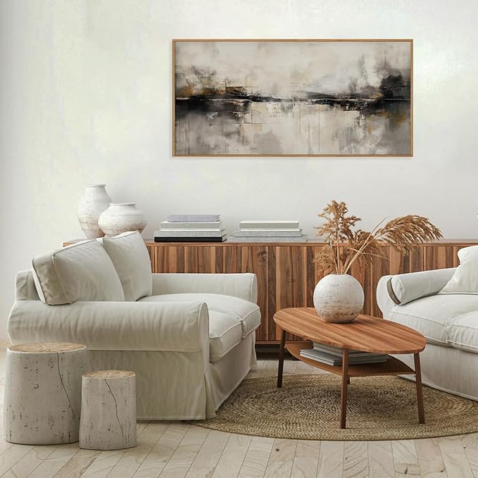 HOURIA Large Neutral Black Brown Framed Canvas Wall Art Set,Abstract Gray Wall Decor,Minimalist Beige Wall Painting,Modern Illustrations Tan Art Print for Living Room, Bedroom, Office- 20"x40"x1