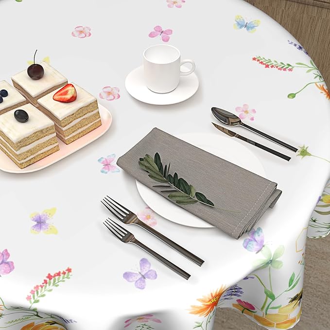 Spring Tablecloth Round 60 Inch Spring Summer Floral Tablecloth Round Cover Spring Farmhouse Wildflower Round Tablecloth Washable Table Cover for Kitchen Dining Indoor Outdoor Table Decorations