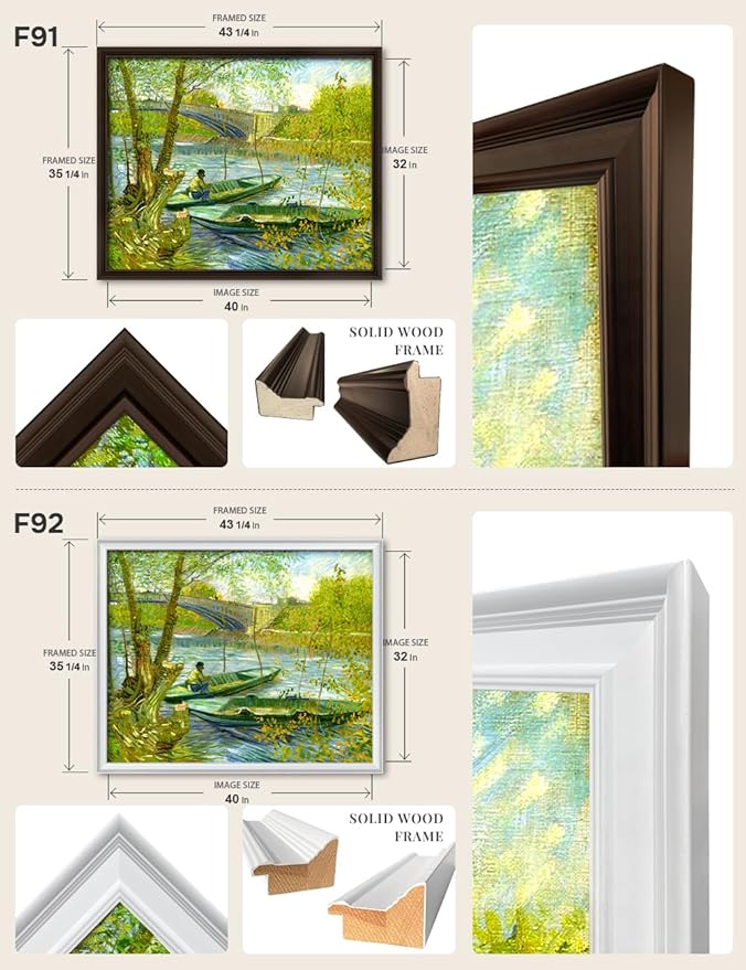 DECORARTS - Fishermen and Boats from the Pont de Clichy by Vincent Van Gogh, Large Giclee Canvas Print with Solid Wood Frame, Oversized Wall Art Decor