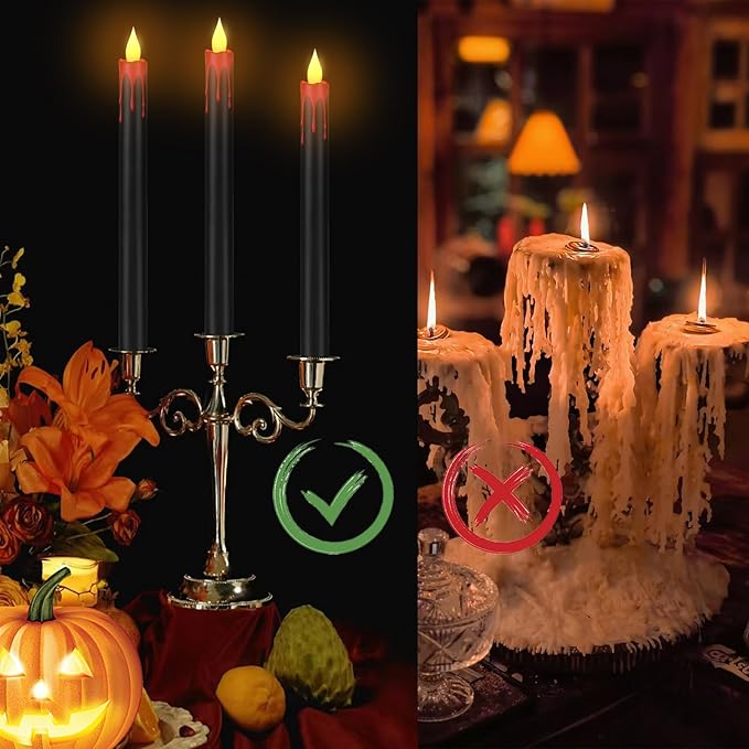 Flameless Taper Candles 10.6" Dripless Battery Operated Taper Candles Included Remote Timer 400+ Hours by 2AA Batteries for Halloween Christmas Wedding (Black+Burgundy, 6 Pack)
