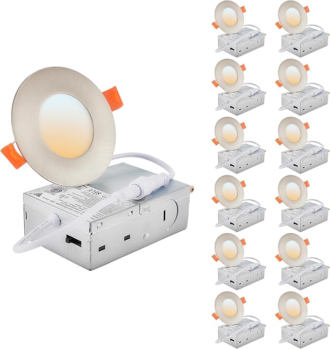 DLLT LED Recessed Ceiling Lights: 12 Pack 3 Inch 5CCT Ultra-Thin Lighting with Junction Box for Bedroom - 600LM Brightness 6W Eqv 50W Dimmable Canless Wafer Downlight with ETL&FCC-Nickel Brush