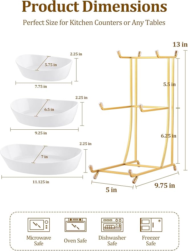 Yedio Fruit Bowls for Kitchen Counter, No Assembly Required, 3 Tier Porcelain Serving Bowls with Metal Stand, Tiered Fruit Basket for Fruit Vegetable Storage, Snack, Nuts, Cake, Dessert