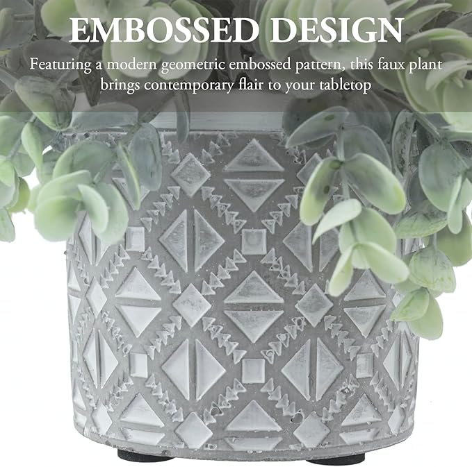 MyGift Artificial Eucalyptus Plant in Modern Gray Concrete Pots with Geometric Embossed Pattern (1, Grey)