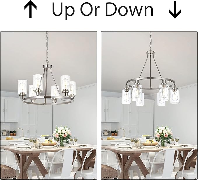 MELUCEE 6 Lights Round Chandelier Brushed Nickel Island Lighting Dining Room Lighting Fixtures Hanging Glass Pendant Light for Kitchen Living Room Bedroom