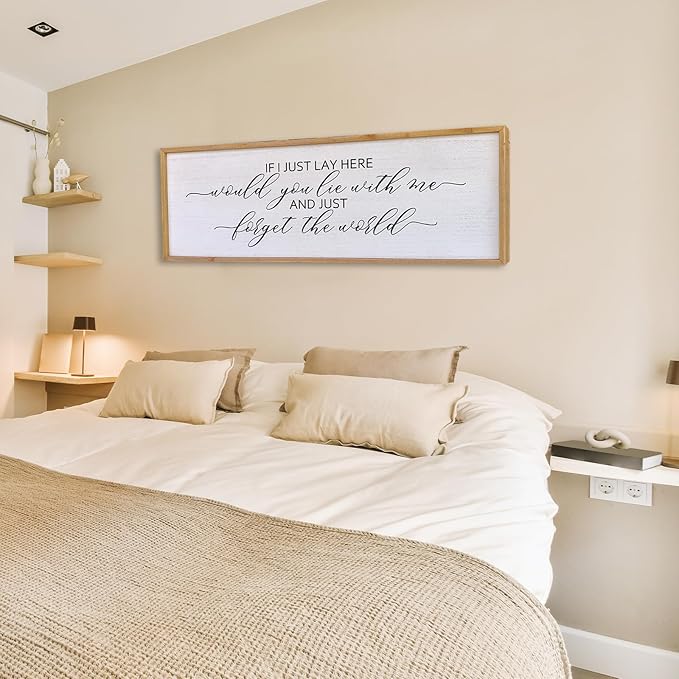 Surfapans If I Lay Here Would You Lie With Me Wall Decor Sign 32”X12” Master Room Bedroom Above Bed Large Farmhouse Inspirational Quotes Minimalist Wood Framed Over Bed Wall Art Decoration (Wood)
