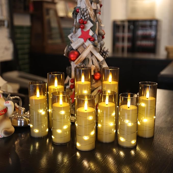 Da by Flameless Candles with Recessed String Light, Battery Operated Candles, Acrylic LED Pillar Candles with Remote Control and Timer, Gray, Set of 12