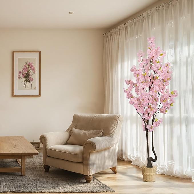 Faux Pink Cherry Blossom Tree 7ft(84in) Tall Artificial Plant Indoor Decor Handmade Natural Fake Cherry Sakura Tree for Wedding Realistic Tree Plant in Pot for Home Living Room,Office,Outdoor Decor.