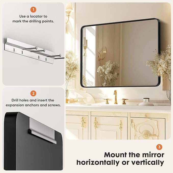 Sweetcrispy Black Metal Framed Bathroom Vanity Mirrors for Over Sink Wall, 30x40 Inch Large Rounded Rectangle Mirror, Modern Decorative for Restroom, Farmhouse, Horizontally or Vertically Hanging