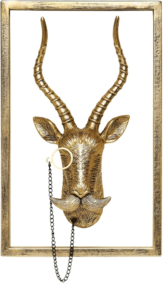 Animal Heads Wall Decor (Includes Metal Frame) Resin Animals Sculptures Head Wall Hanging Decoration Gold vintage Wall Sculpture for Living Room Bedroom Office(Antelope)