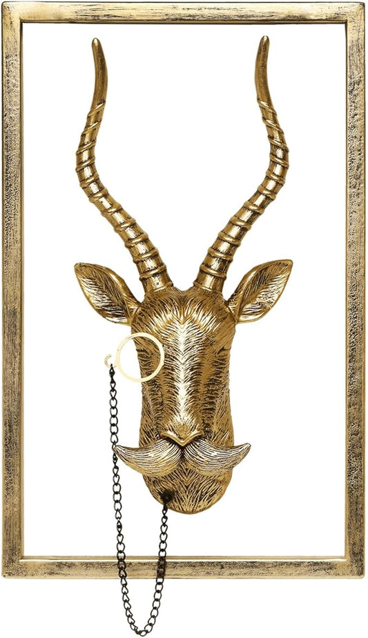Animal Heads Wall Decor (Includes Metal Frame) Resin Animals Sculptures Head Wall Hanging Decoration Gold vintage Wall Sculpture for Living Room Bedroom Office(Antelope)