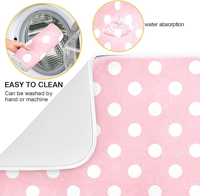 Pink White Polka Dot Dish Drying Mat for Kitchen Counter 18 x 24 Inch Absorbent Microfiber Valentines Dry Dishes Rack Mats Drainer Mat Dish Drying Pad for Countertops Decor
