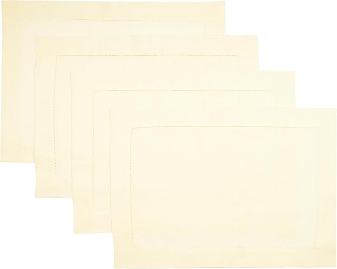D'Moksha Homes Cream Linen Cloth Placemats Set of 4-100% Pure Linen Hemstitch Placemats 14 x 19 Inch - Classic Hemstitch Table Place Mats for Fall, Halloween - Handcrafted and Machine Washable