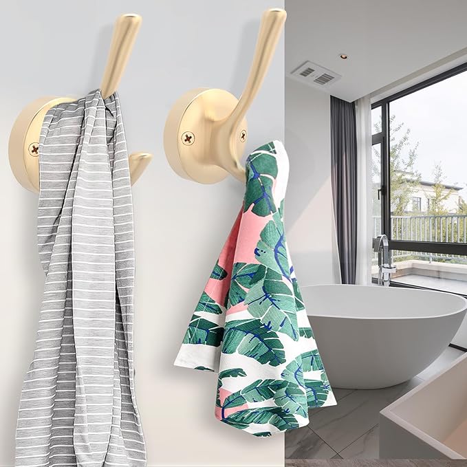 Gold Hat and Coat Hooks, 4 Pack Heavy Duty Coat Robe Hook, Metal Double Backpack Hook Wall Mounted, Towel Hooks for Bathroom Entryway Cubicle Closet Garage