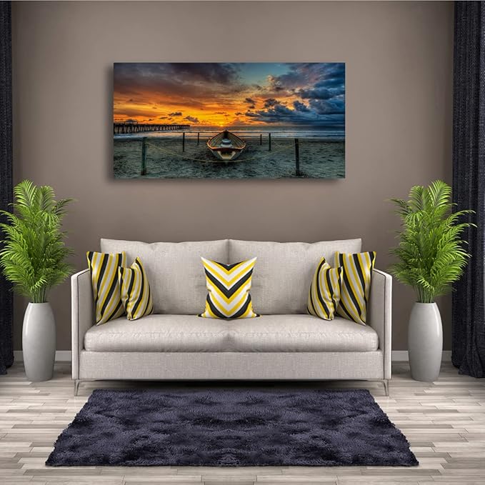 Beach Themed Wall Art Canvas Prints Seascape Poster Bathroom Décor Boat Ocean Sunset Landscape Paintings for Bedroom Dining Room Home Kitchen Decorations Natural Artwork 24x48 Picture Wooden Frames