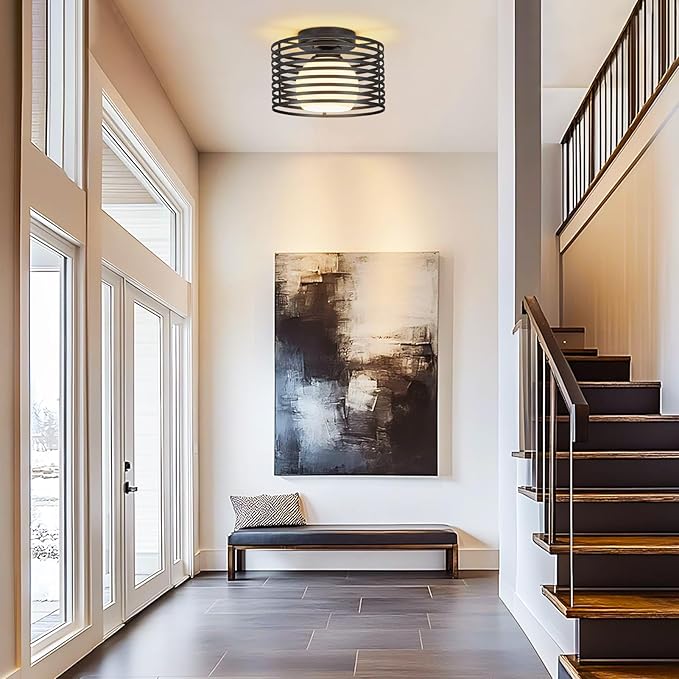 Modern Industrial Matte Black Small Semi Flush Mount Ceiling Light Fixture,Close to Ceiling Lamp Lighting Fixtures With Milk Glass Cover,for Closet Hallway Bathroom Foyer Entryway Pantry Laundry room