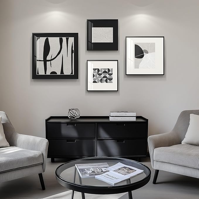 Framed Black and White Abstract Wall Art for Living Room, 4 Piece Modern Art Prints Paintings Artwork for Walls, Minimalist Abstract Pictures for Hallway Dining Room Bedroom Office Wall Decor