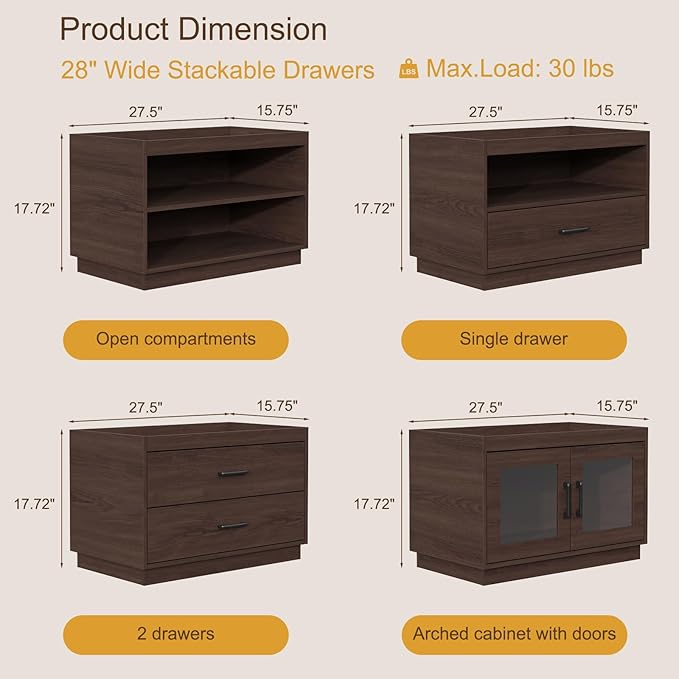 Stackable Storage Drawers, 28" Wide Storage Bins with 2 Doors for Closet Organizers, Wood Stackable Closet Organizer Modern Large Stackable Storage Units for Living Room Hallway Bedroom, Brown