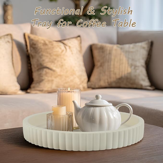 Round Decorative Tray for Coffee Table Decor-Modern Home Decor Tray-Concrete Coffee Table Serving Tray-Centerpiece Table Tray-Ottoman,Vanity, Bathroom, Kitchen,Dresser (White)