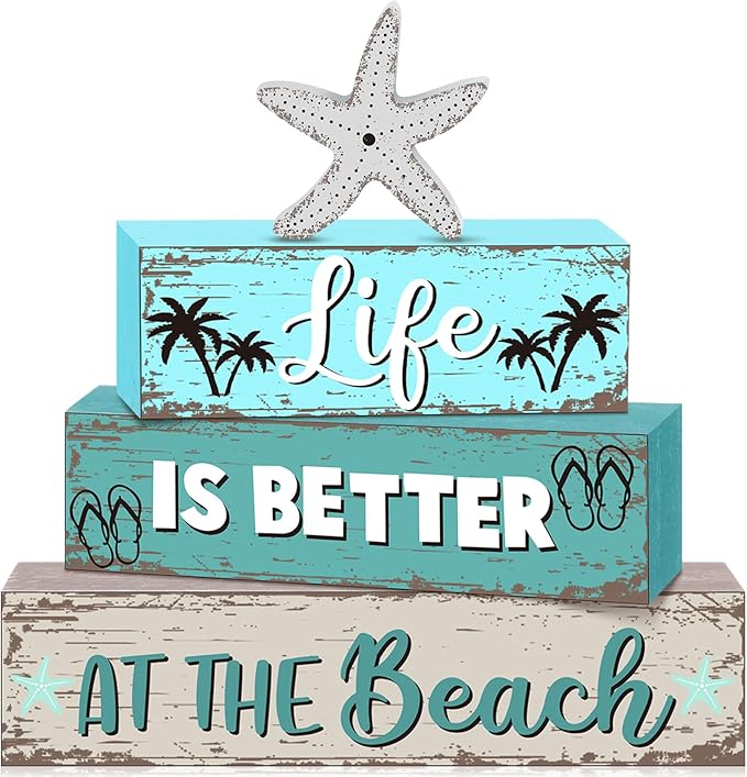 Geelin 4 Pcs Summer Table Decorations Ocean Life Better Wooden Block Signs Beach Theme Starfish Palm Slipper Tabletop Centerpieces Farmhouse Tiered Tray Decor for Home Table Kitchen Shelf