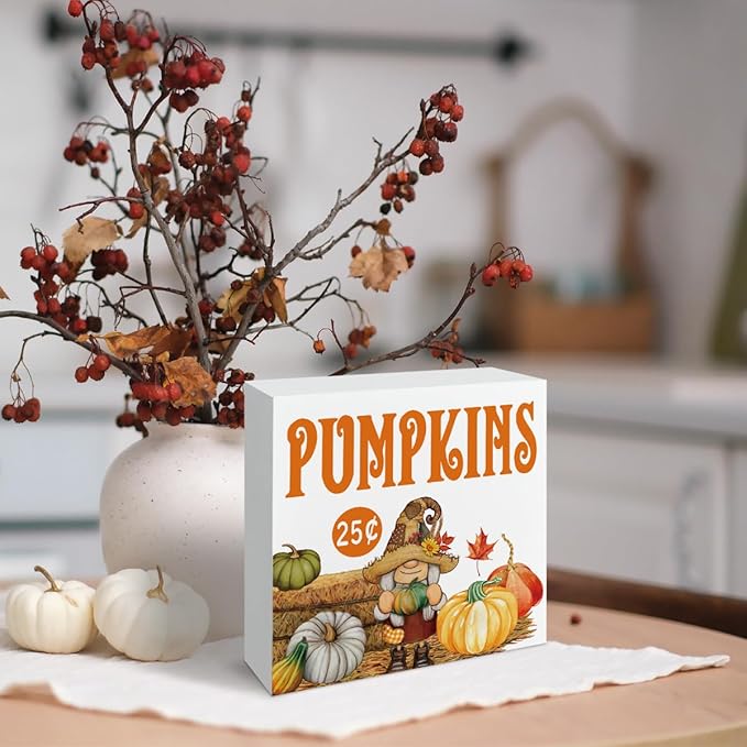 Fall Home Decor, Gnome Decors, Autumn Thanksgiving Wooden Sign, Pumpkin Artwork Decor for Home Office, Decorative Wooden Box Signs, Rustic Tabletop Decors, Pumpkin Wood Signs A6
