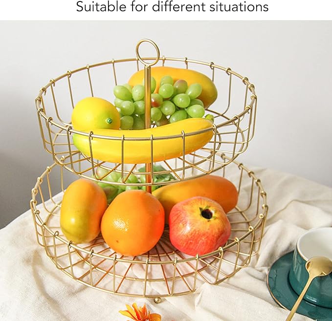 Tiered Fruit Bowl, 2 Tier Fruit Basket, Golden Fruit Basket Iron Round Golden Nordic Household Snack Storage Tray For Party Desktop Kitchen