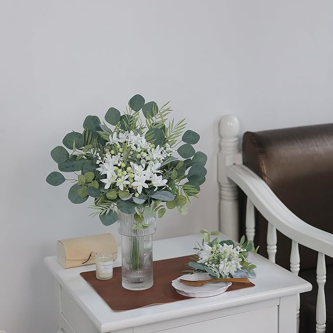 FOTEEWL 75 Pcs Artificial Greenery Stems Box Set,with 8 Kinds of Faux Plants and Fake Flowers for DIY Bridal Bouquets Wedding Floral Arrangement Table Centerpieces Decoration (Sage Green)