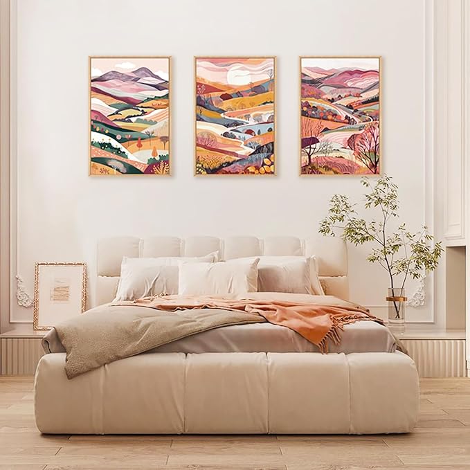 KAIRNE Boho Colorful Mountain Canvas Wall Art Set, Abstract Pink Mountains Forest Artwork, 3 Panels Framed Modern Nature Landscape Home Decor for Living Room, Bedroom, Office, 16x24 Inch Wall Decor