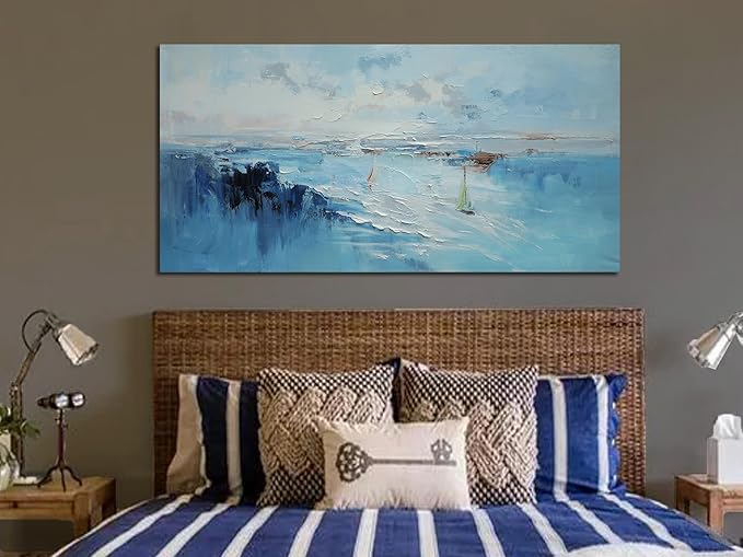 Ardemy Blue Abstract Wall Art for Living Room Coastal Sailboat Textured Bedroom Wall Decor，Bathroom Pictures Wall Decor Modern Artwork Home Office Kitchen Dining 40"x20"