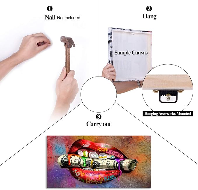 Sexy Red Lips and Dollar Colorful Graffiti Wall Art Office Home Artwork Wall Decor Inspirational Graffiti Street Wall Art Money Sexy Lips Art Print Wall Pictures Framed Ready to Hang-32 Wx16 H