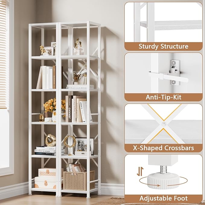 Furologee White Bookshelf 6 Tier Tall Narrow Bookcase, Modern Display Standing Shelf Unit, Metal and Wooden Storage Corner Shelves Organizer for Bedroom, Living Room, Office, Bathroom