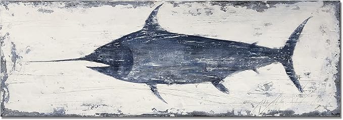 NdcSkyArt Vintage Style Swordfish Wall Art, Nautical Decor for Home & Office, Blue and White Coastal Painting