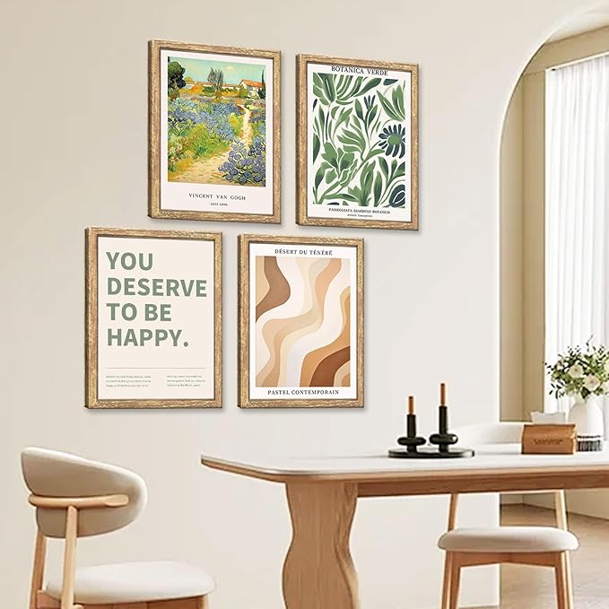 GUMEYJIA Modern Wall Art Print Set 4 Piece Wall Decor Collection Botanical Verde Desert Contemporary Van Gogh Garden Inspirational Quote Wood Frame (8"x10")