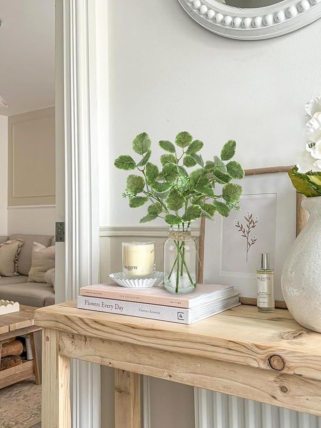 Fake Plants Eucalyptus Stems in Glass Vase with Faux Water, Artificial Plants Eucalyptus Leaves for Shelf Desk Bathroom Farmhouse Coffee Table Home Decor