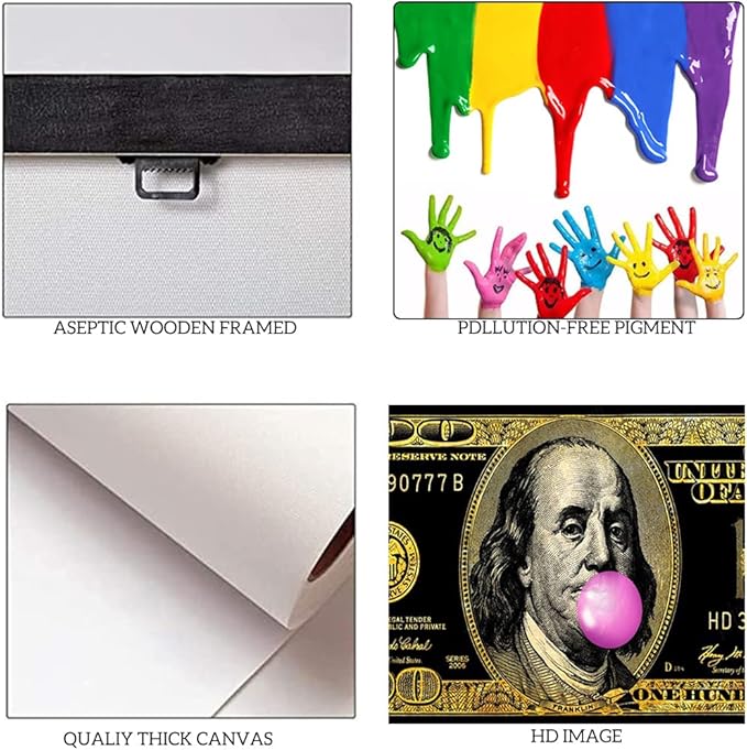 Black Golden Inspirational Office Canvas Art Benjamin Franklin 100 USD Dollar Funny Pop Wall Art Abstract Creative Money Artwork Gift Choice for Men Workplace Gym Decor Framed Easy to Hang-40 Wx20 H