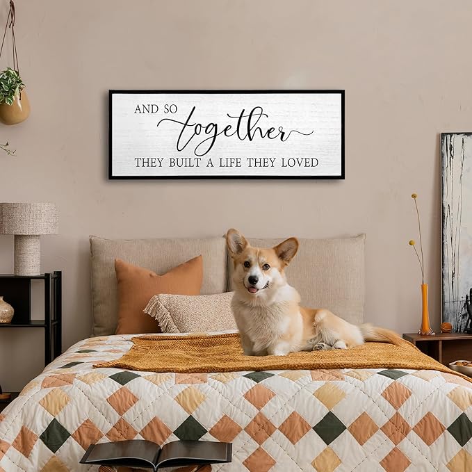 And So Together They Built A Life They Loved Wall Decor 40”X15” Rustic Master Bedroom Large Wood Framed Sign Above Bed Modern Farmhouse Quotes Couple Wall Art Over Bed Hanging Decoration (Black)