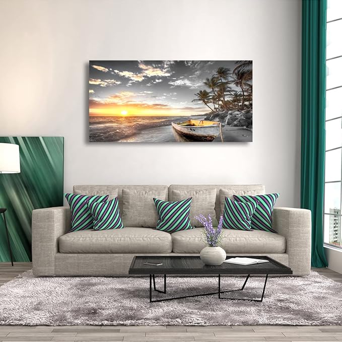 Beach Wall Art Canvas Prints Art Black and White Sunset Seascape Pictures Bedroom Decor Boat Tree Ocean Landscape Painting for Living Room Office Decoration Natural Scenery Artwork 20x40inches
