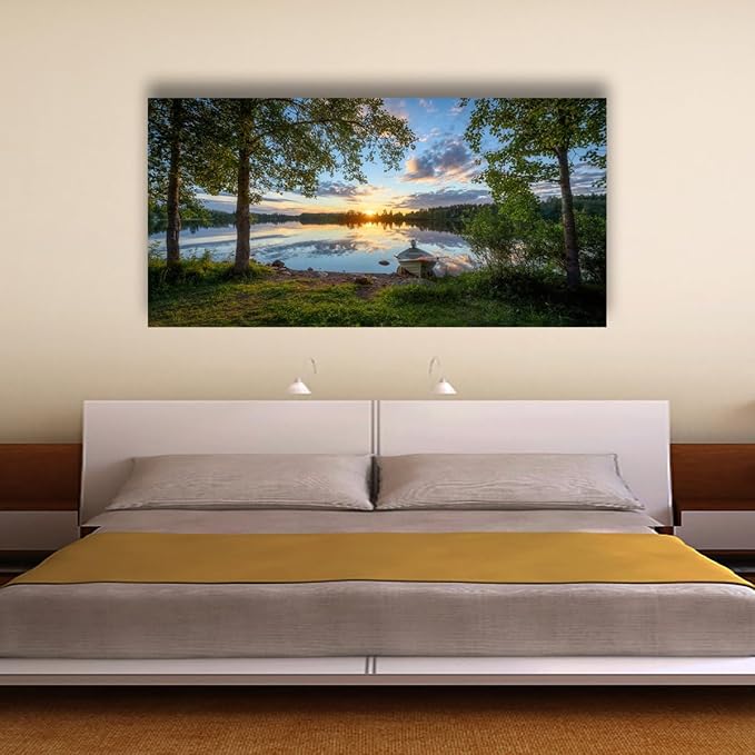 Tree Canvas Wall Art of a Sunrise Over a Forest Lake 24x48inches Nature Inspired Painting Perfect for Wall Decoration in Living Room and Bedroom Trees and Landscape Picture Artwork Prints