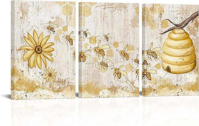 FuShvre Vintage Yellow Wall Art Honey Bee Canvas Painting Prints Kitchen Decor Bee and Flower Daisy Pictures for Famrhouse Wall Framed 16"x24" Each (Medium, White)