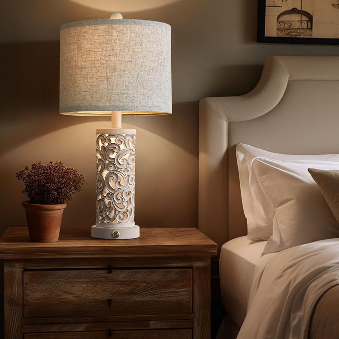 OYEARS 3-Way Dimmable 22'' Table Lamp Set of 2 for Living Room Bedroom Farmhouse Vintage Retro Bedside Lamps Touch Control with USB Ports Linen Shade for Home Office (Wash White, Bulb Included)