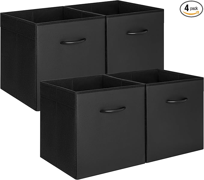 StorageWorks Black Storage Cubes, 13-inch Leather Bins with Handle, Cube Organizer Baskets for Shelves and Closet, Collapsible Storage Bins, 4-Pack